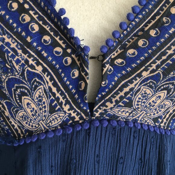 FREE PEOPLE Blue MultiColor Mixed Fabric Applique Long Sleeve Boheme Dress - Picture 8 of 11